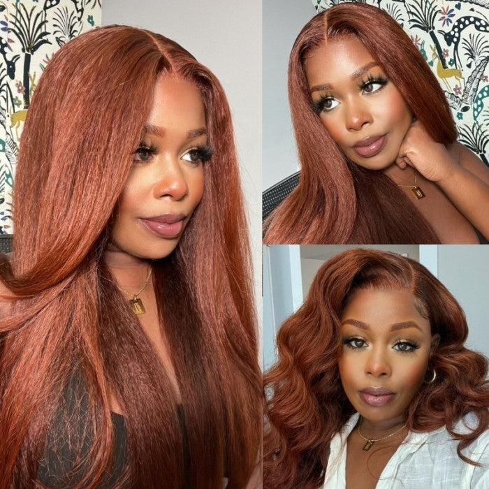 Klaiyi Kinky Straight Reddish Brown Lace Part Wig 13x5x0.5 T Part Hand Tied Lace Wig