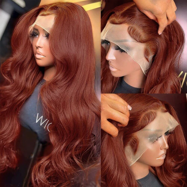 Klaiyi Reddish Brown Body Wave 13x4 Lace Front Wig Human Hair Water Wave Natural Density Auburn Copper Color