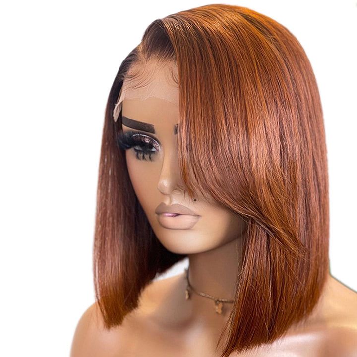 Klaiyi Short Bob Lace Front Wig Reddish Brown Auburn Copper Human Hair for Women Flash Sale