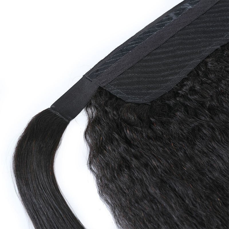 Klaiyi Kinky Straight Ponytail Clip in Hair Extensions Wrap Around Ponytail Braids Natural Black Color