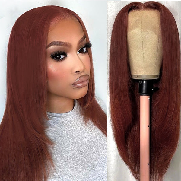 Klaiyi Reddish Brown Bone Straight 13x4 Lace Front Wig Human Hair With Layer Inner Buckle Auburn Copper Color