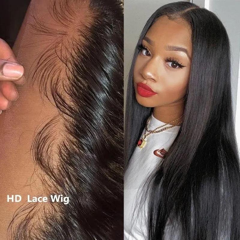 Klaiyi Best Glueless Wigs 13x6 Invisible HD Lace Front Wigs Straight Human Hair Wigs 180% Density Natural Color