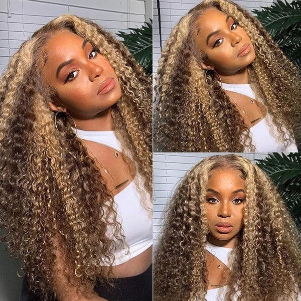 Klaiyi Honey Blonde Highlight Lace Front Wigs Jerry Curly 180% Density Flash Sale