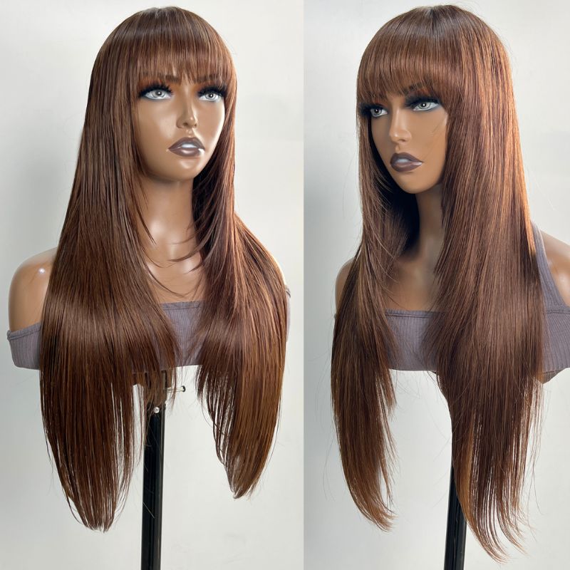 Buy 1 Get 1 Free,Code:BOGO | Klaiyi Middle Brown Bone Straight Wig With Bang Machine Made Human Hair