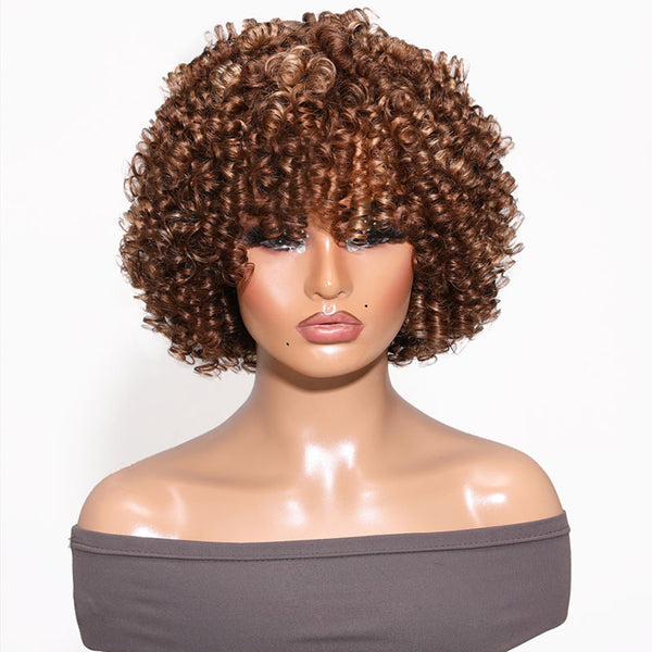 Klaiyi Hair Short Honey Blonde Bouncy Curly Bob Wig With Bangs Glueless Air Wig with Breathable Cap