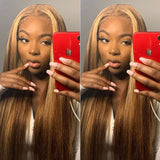 Klaiyi Honey Blonde Highlight Lace Closure Wig Ombre Human Hair Silky Straight Lace Front Wigs