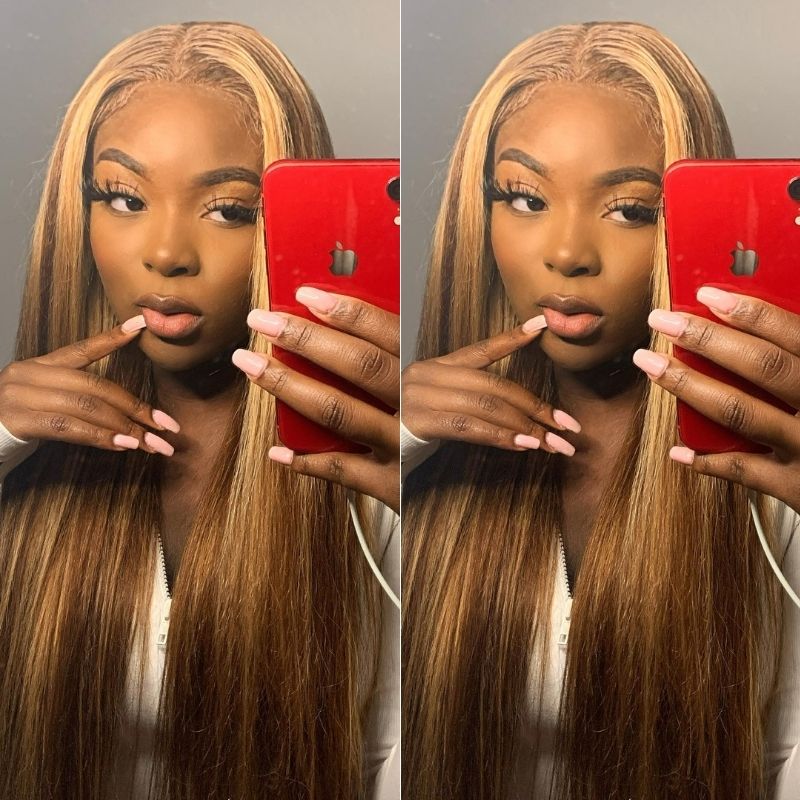 Klaiyi Honey Blonde Highlight Lace Closure Wig Ombre Human Hair Silky Straight Lace Front Wigs