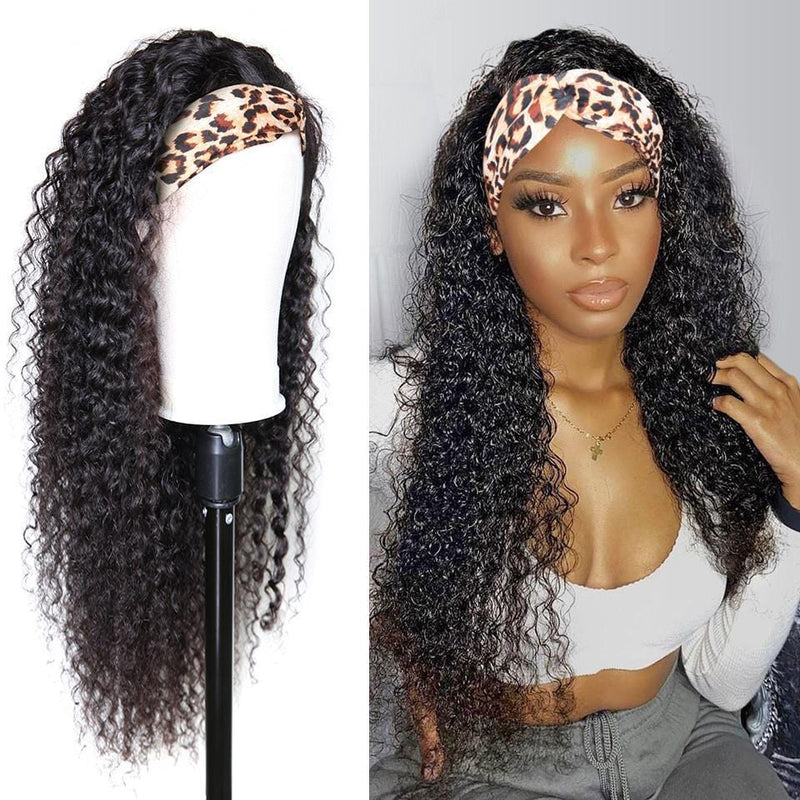 Klaiyi Headband Wig Curly Human Hair Wig With Free Scarf Natural Color Wig For Women