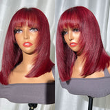 Klaiy Burgundy Bob Wig bangs with layers Human Hair Lace Front Wig