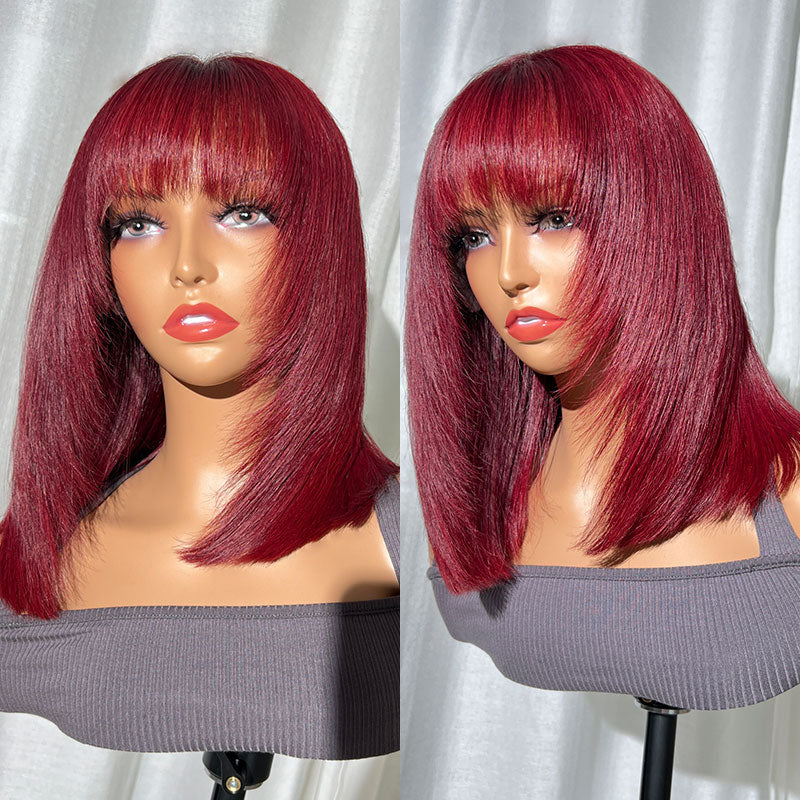 Sencond Wig Only $10 |  Klaiy Burgundy Bob Wig bangs with layers Human Hair Lace Front Wig