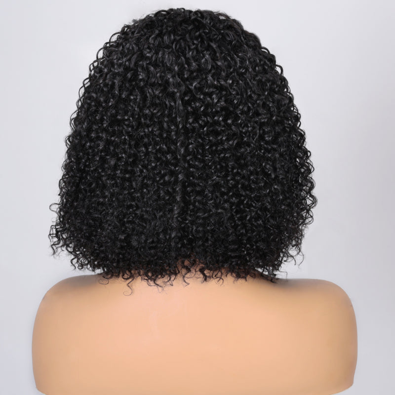 Klaiyi Curly Lace Part Bob Wigs Short Human Hair Curly Wig Natural Black 4*0.75 Lace