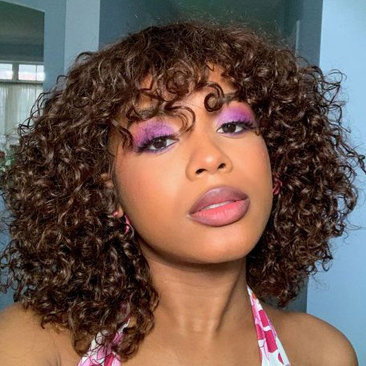 Buy 1 Get 1 Free,Code:BOGO | Klaiyi Bouncy Curls Short  Wigs With Bangs Glueless Machine Made Human Hair