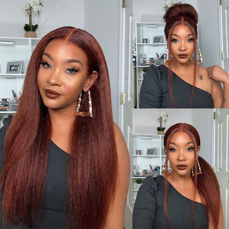 Klaiyi Kinky Straight Reddish Brown Lace Front Wig Human Hair for Women