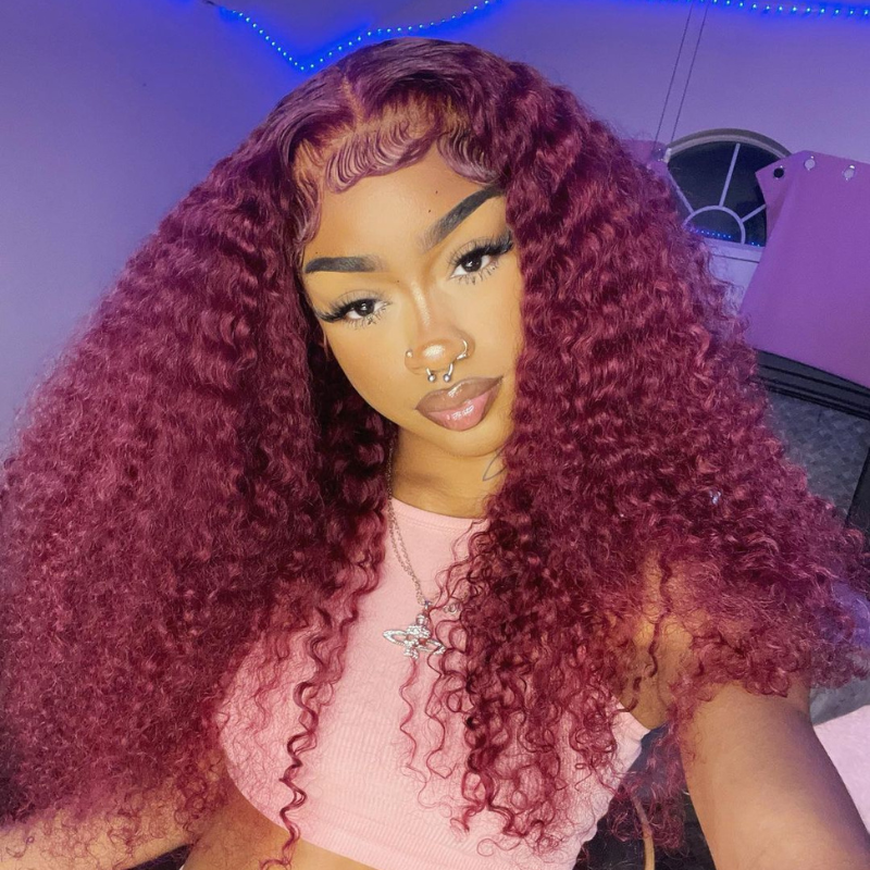 Klaiyi Natural Density Lace Closure Wig 99J Jerry Curl Red Burgundy Human Hair Lace Front Wigs