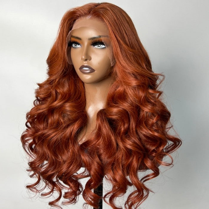 Klaiyi Spicy Ginger 13x4 Lace Front Wig Body Wave Human Hair Wig Copper Brown Hair