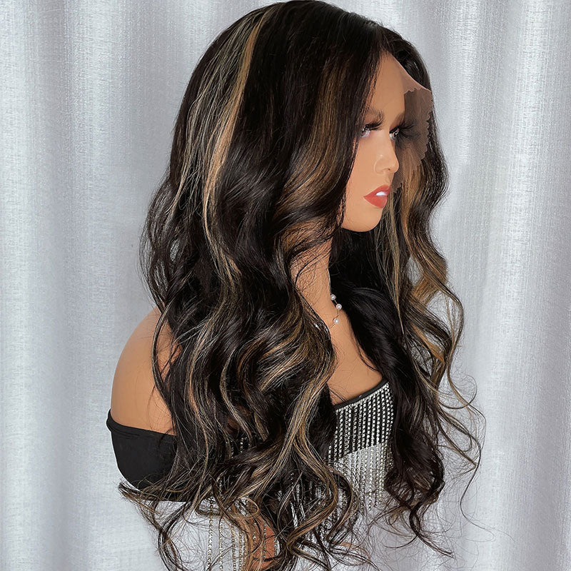 Klaiyi 13x4 Lace Front Wig Chocolate Brown With Peek A Boo Blonde Highlights Body Wave Wig Flash Sale