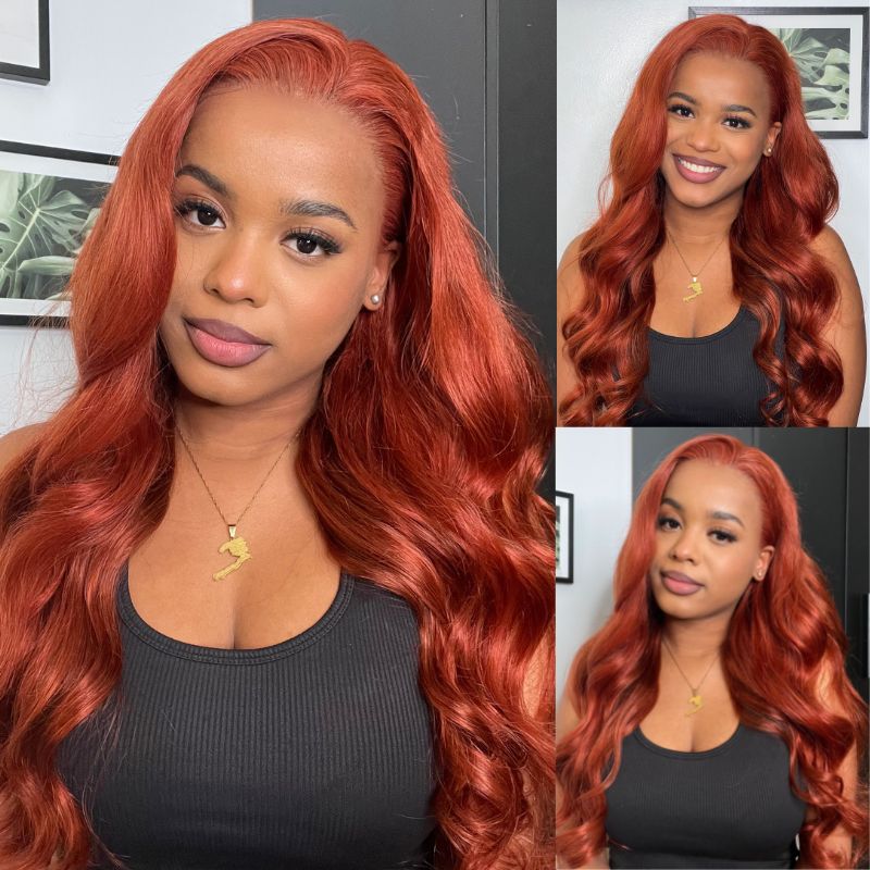 Klaiyi Spicy Ginger 13x4 Lace Front Wig Body Wave Human Hair Wig Copper Brown Hair