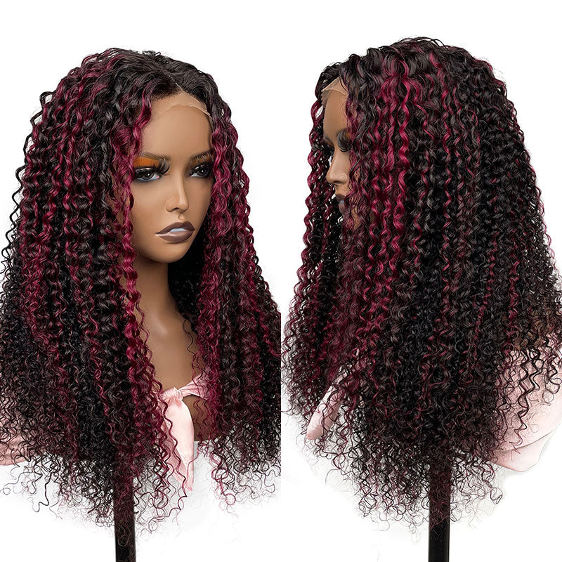 Klaiyi Dark Burgundy With Rose Red Highlights Curly Lace Front Wig Ombre Human Hair Flash Sale