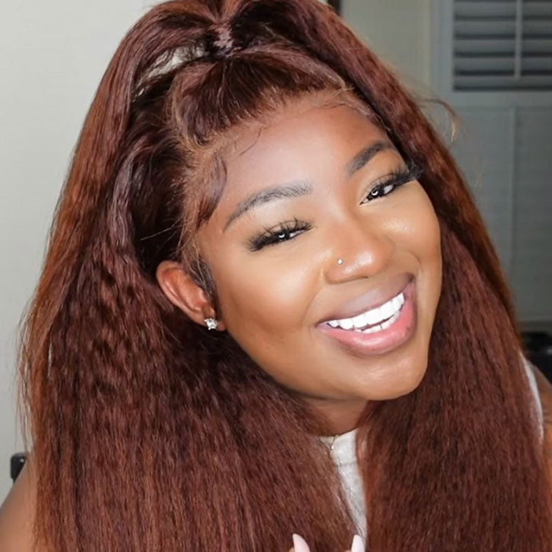 Klaiyi Kinky Straight Reddish Brown Lace Part Wig 13x5x0.5 T Part Hand Tied Lace Wig