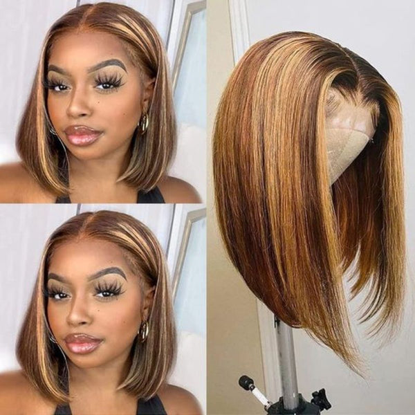 All Length $69 Deals|Klaiyi Ombre Blonde Highlight 180% Straight Bob 4x1 Lace Part Wig Flash Sale