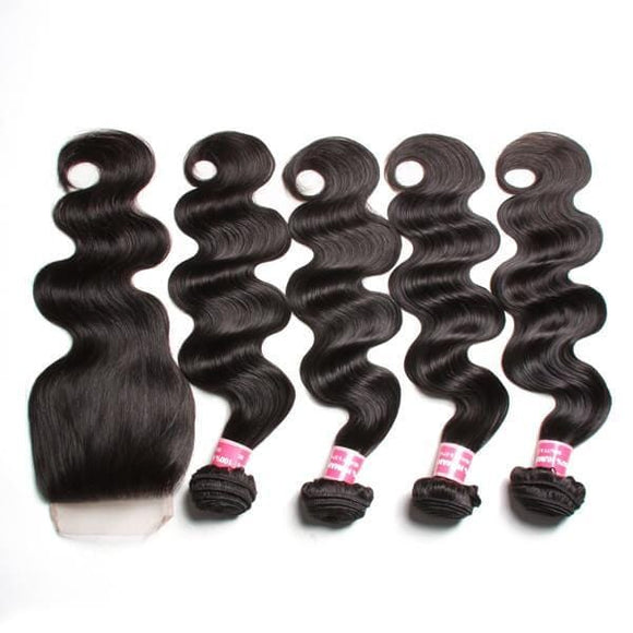 Klaiyi Tissage de cheveux humains vierges indiens ondulés, 4 paquets avec fermeture en dentelle 