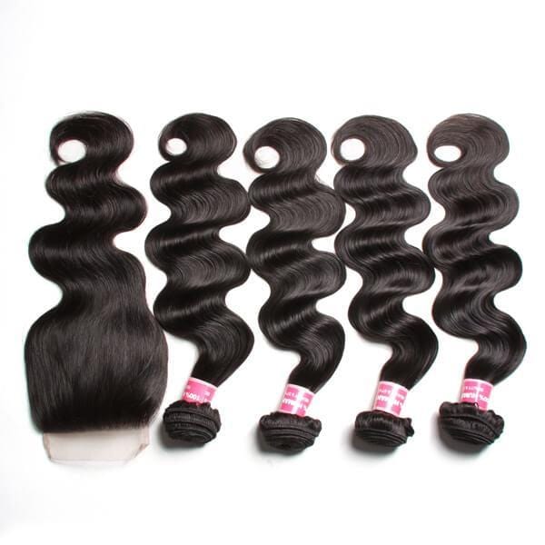 Klaiyi Human Hair Virgin Indian Body Wave Weave 4 Bundles With Lace Closure