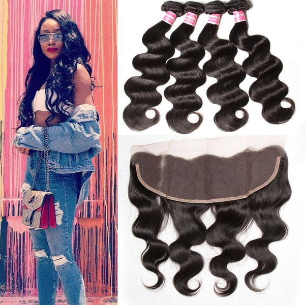 Klaiyi Malaysian Body Wave Virgin Hair 4 Bundles with Frontal Closure Natural Color