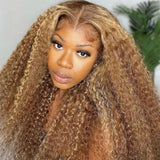 Klaiyi Honey Blonde Highlight Lace Front Wig Kinky Curly Human Hair Natural Density