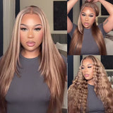 $100 OFF| Code: SAVE100 Honey Blonde Highlight Silk Straight Lace Front Wig