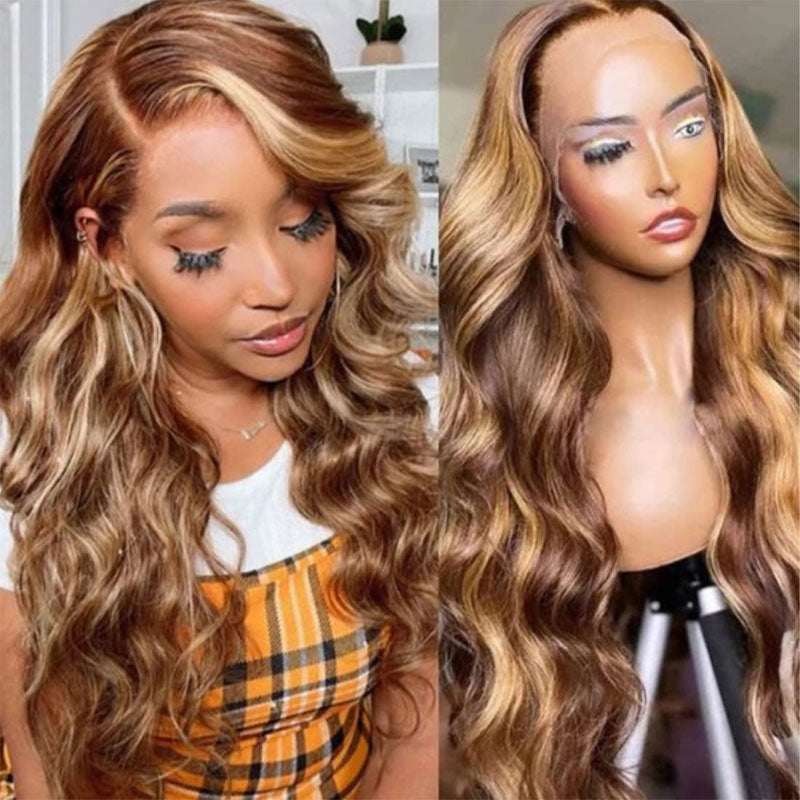 Klaiyi Ombre Honey Blonde Highlight 4x4 Lace Closure Wig 13x4 Lace Front Body Wave Wig Flash Sale