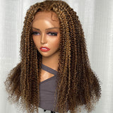 Klaiyi Honey Blonde Highlight Lace Front Wig Kinky Curly Human Hair Natural Density