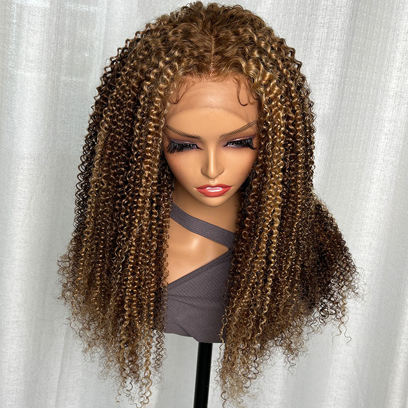 Klaiyi Honey Blonde Highlight Lace Front Wig Kinky Curly Human Hair Natural Density