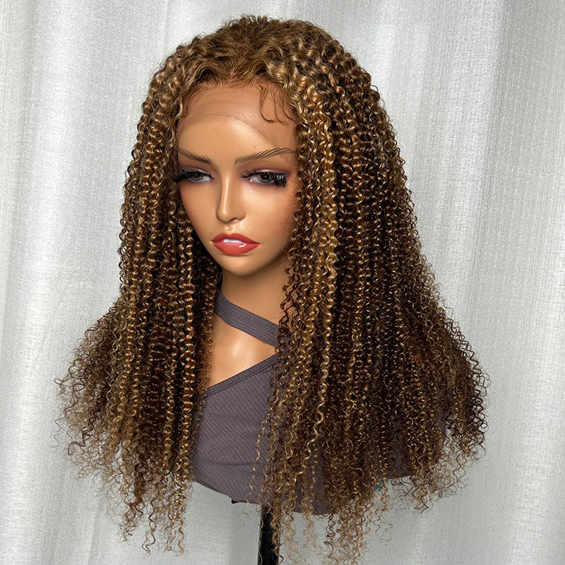 Extra 60% OFF | Klaiyi 180% Density Honey Blonde Highlight Kinky Curly Lace Front Wig