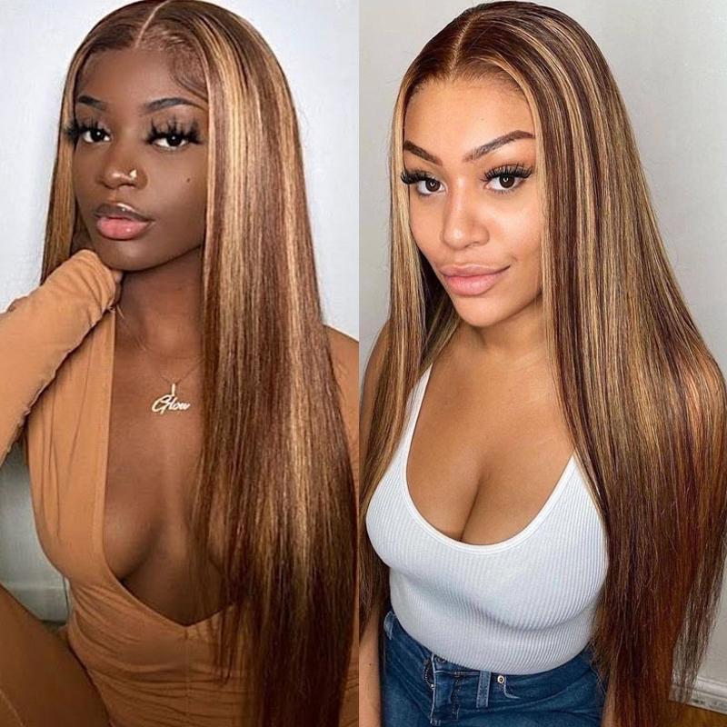 Klaiyi Honey Blonde Highlight Color Straight Hair Lace Front Wigs with Baby Hair Human Hair Wigs