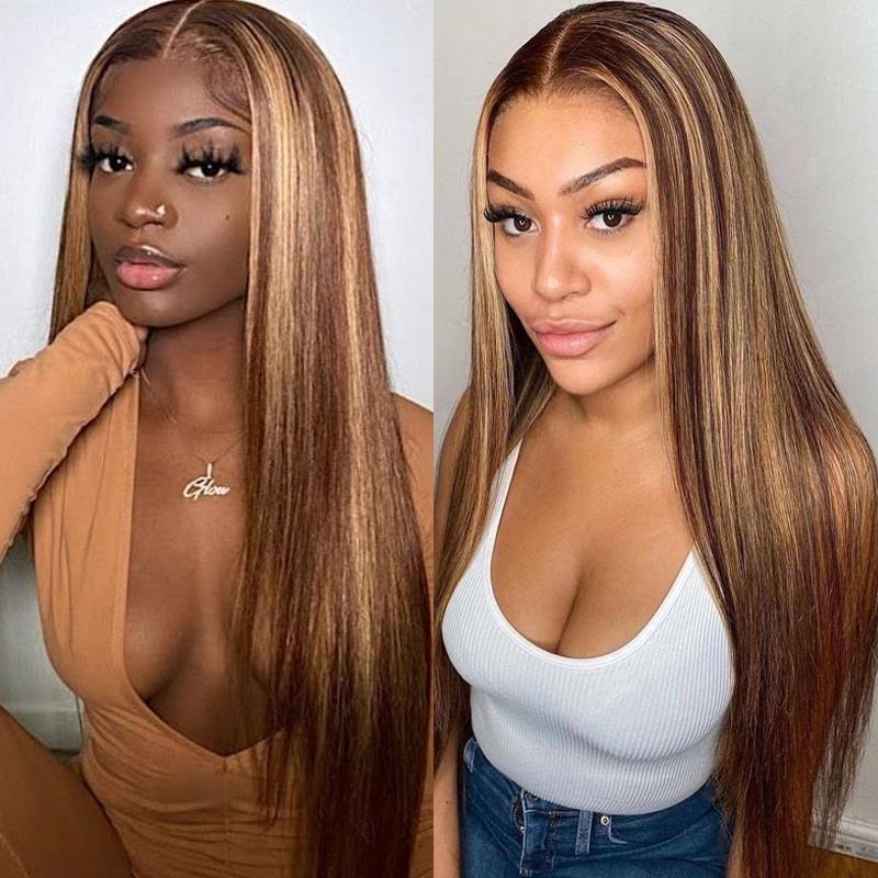 Klaiyi Honey Blonde Highlight Color Straight Hair Lace Front Wigs with Baby Hair Human Hair Wigs