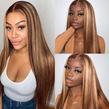 Klaiyi Honey Blonde Highlight Lace Closure Wig Ombre Human Hair Silky Straight Lace Front Wigs