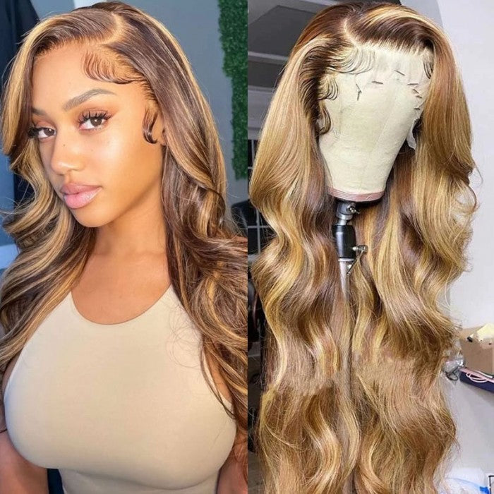 Klaiyi Honey Blonde Highlight Body Wave 13x4 Lace Front Wigs 100% Virgin Human Hair Wigs