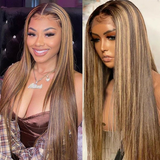 Klaiyi Honey Blonde Highlight Lace Part Wig Silky Straight Lace Front Wigs Flash Sale