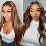 Klaiyi Honey Blonde Highlight Lace Closure Wig Ombre Human Hair Silky Straight Lace Front Wigs