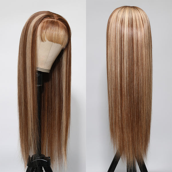 Buy 1 Get 1 60% OFF,Code:OFF60 | Klaiyi Reddish Brown/Blonde Highlight 13x4 Lace Frontal Wig Human Hair With Bangs