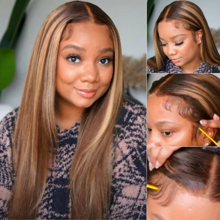 Klaiyi Yake Straight Honey Blonde Highlight Kinky Straight Lace Frontal Wig Flash Sale