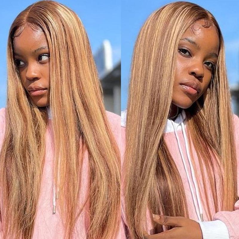 Klaiyi Honey Blonde Highlight Lace Closure Wig Ombre Human Hair Silky Straight Lace Front Wigs