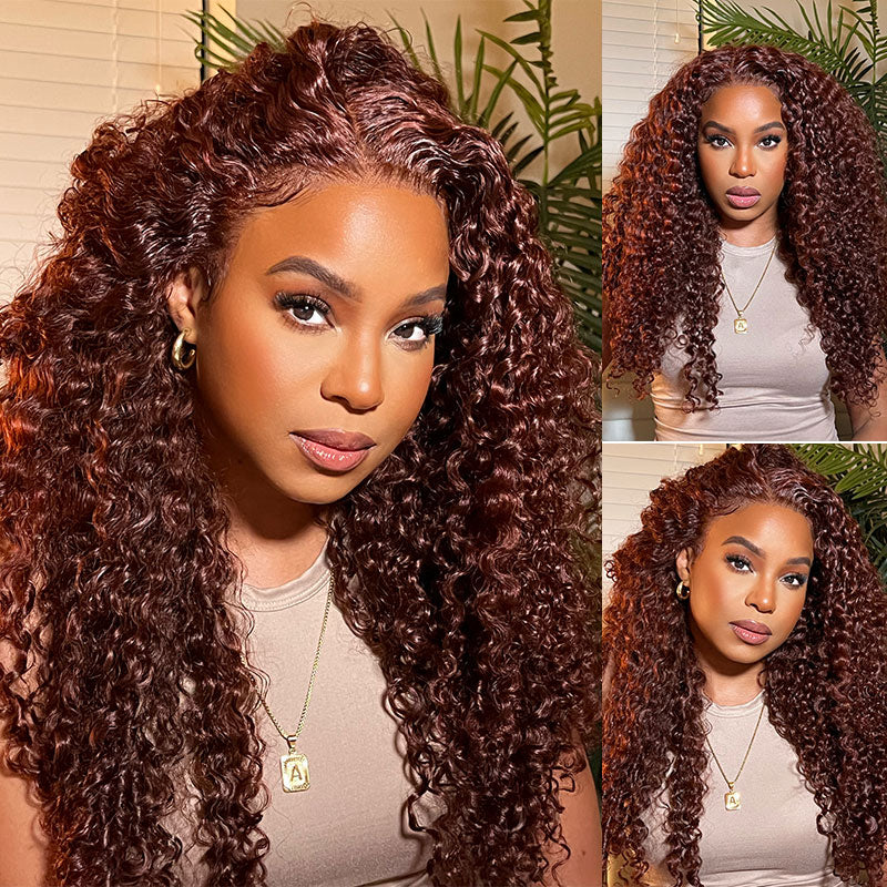 Klaiyi Pre-Cut Lace Wig Put On and Go Reddish Brown Lace Wig Jerry Curl Wig