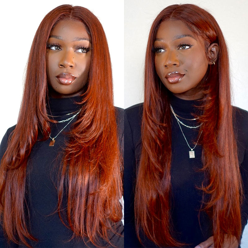 Klaiyi Reddish Brown Bone Straight 13x4 Lace Front Wig Human Hair With Layer Inner Buckle Auburn Copper Color