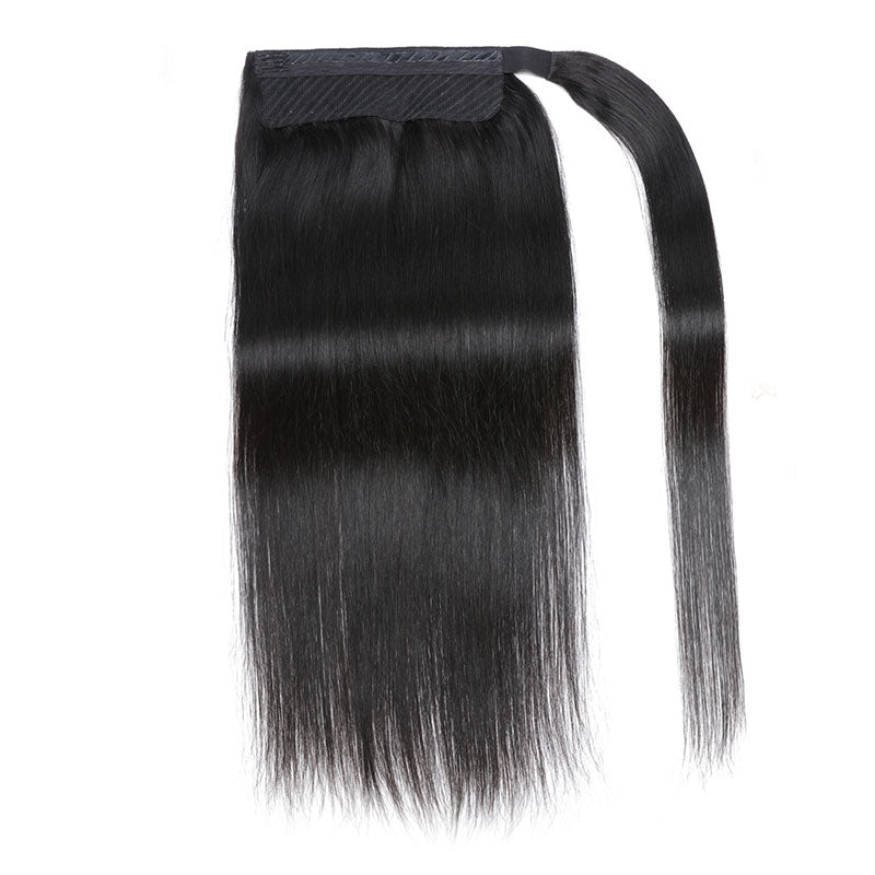 Klaiyi Kinky Straight Ponytail Clip in Hair Extensions Wrap Around Ponytail Braids Natural Black Color
