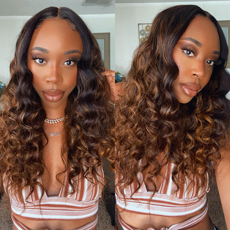 Klaiyi Brown Balayage 13x4 Lace Front Wigs 1B/30 Pre-Highlighted Body Wave Human Hair Wigs