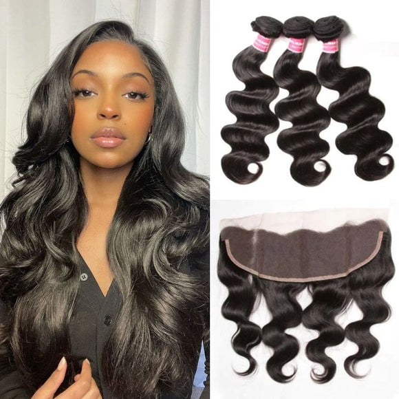 Klaiyi Malaysian Body Wave, lot de 3 mèches avec fermeture frontale en dentelle d'oreille à oreille, 100% cheveux humains vierges. 