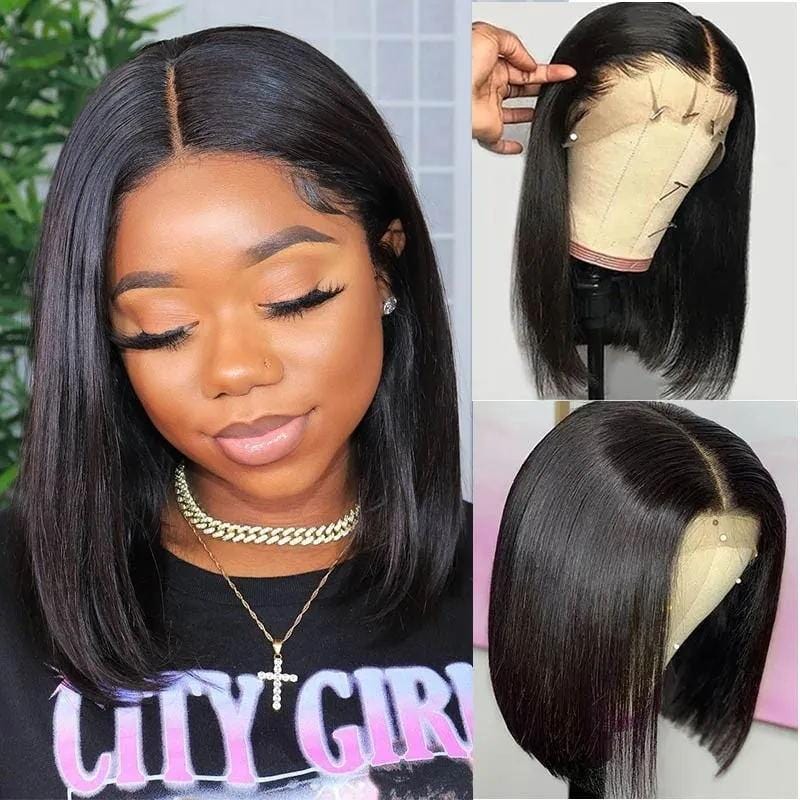 Klaiyi T Part Short Straight Human Hair Bob Wigs Middle Part Pre-plucked 150% Density