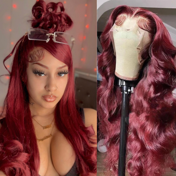 Klaiyi Body Wave Lace Frontal Wig Human Hair with Baby Hair Color Burgundy #99J Flash Sale