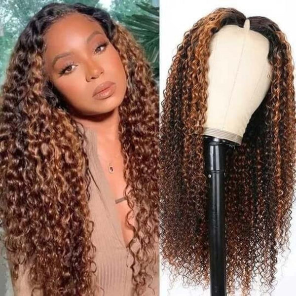 Klaiyi 180% Beginner Friendly Put On and Go Highlight Balayage Colored Curly Vpart Wigs Meets Real Scalp Flash Sale
